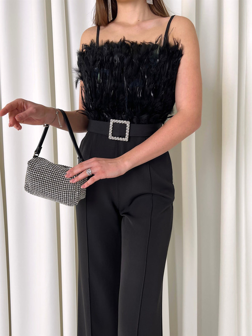 Askılı Önü Tüy Detaylı Belden Kemerli Paddy Kadın Siyah Tulum 23K000444