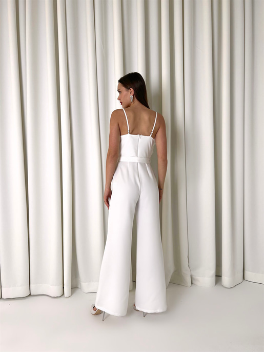 Askılı Önü Tüy Detaylı Belden Kemerli Paddy Kadın Beyaz Tulum 23K000444