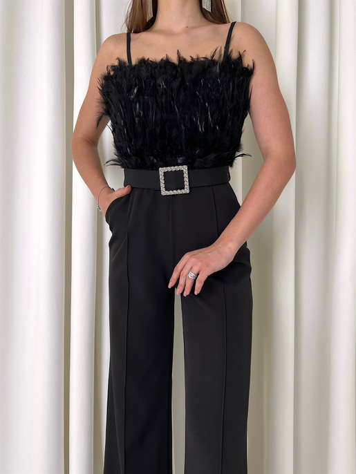 Askılı Önü Tüy Detaylı Belden Kemerli Paddy Kadın Siyah Tulum 23K000444