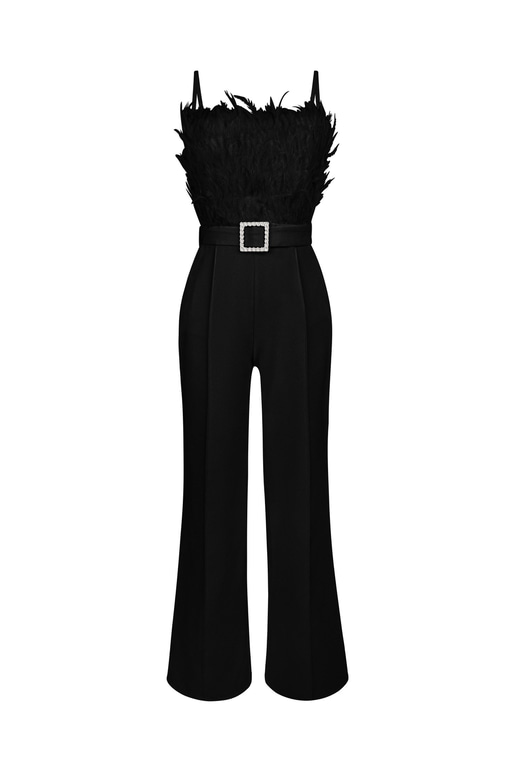 Askılı Önü Tüy Detaylı Belden Kemerli Paddy Kadın Siyah Tulum 23K000444