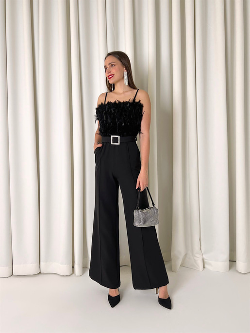 Askılı Önü Tüy Detaylı Belden Kemerli Paddy Kadın Siyah Tulum 23K000444