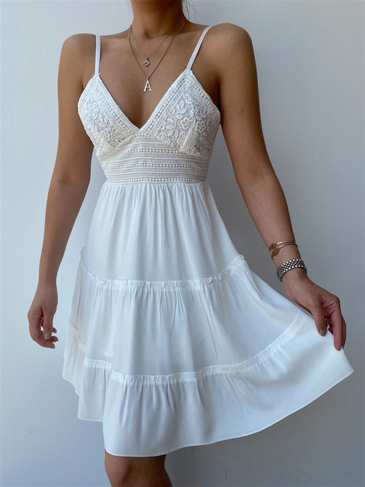 Askılı Sırtı Bağlamalı Volanlı Kadın Beyaz Elbise 21Y000393