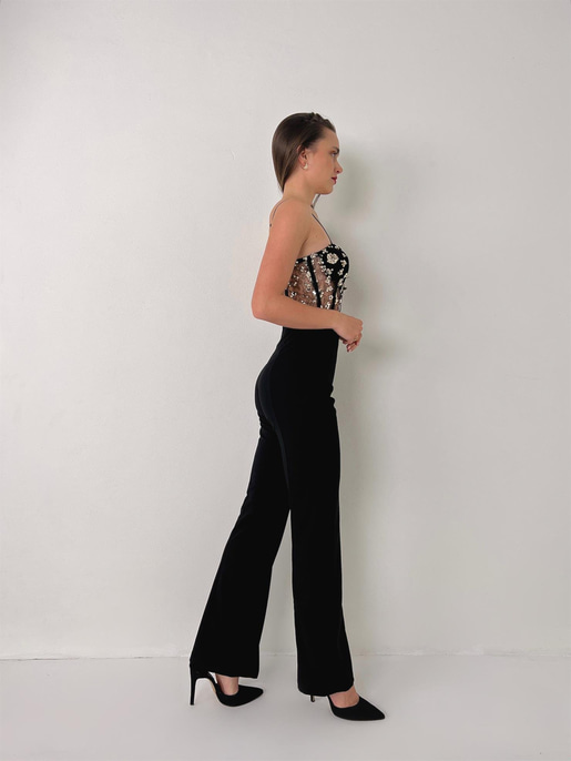 Askılı Transparan Korse Görünümlü Önü Taşlı Merg Kadın Siyah Tulum 23Y000081