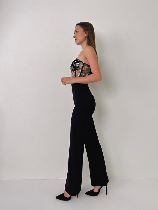 Askılı Transparan Korse Görünümlü Önü Taşlı Merg Kadın Siyah Tulum 23Y000081