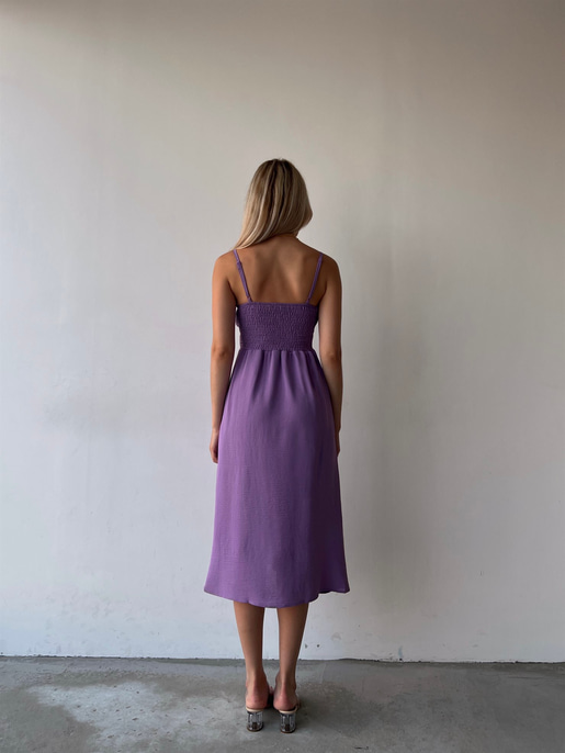 Askılı Yakası Büzgülü Bağcıklı Corinne Kadın Mor Midi Elbise 22Y000073