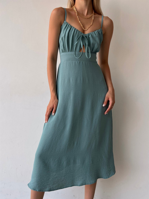 Askılı Yakası Büzgülü Bağcıklı Corinne Kadın Mint Renk Midi Elbise 22Y000073