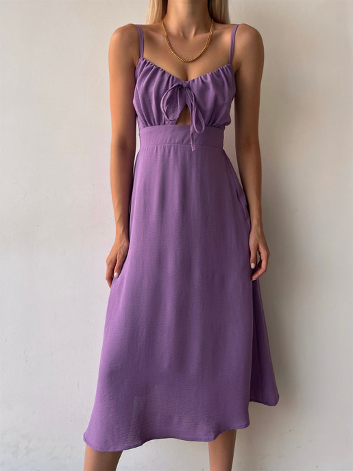 Askılı Yakası Büzgülü Bağcıklı Corinne Kadın Mor Midi Elbise 22Y000073