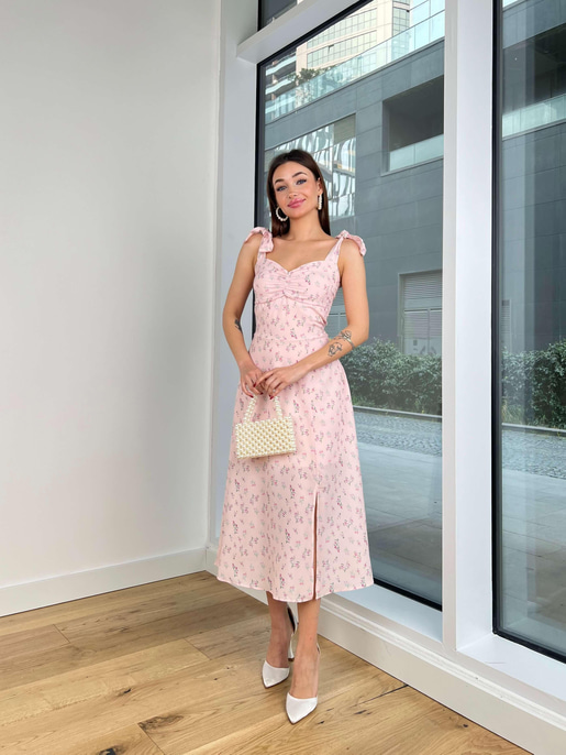 Askısı Bağlamalı Önü Büzgü Detaylı Esport Kadın Pembe Elbise 24Y212