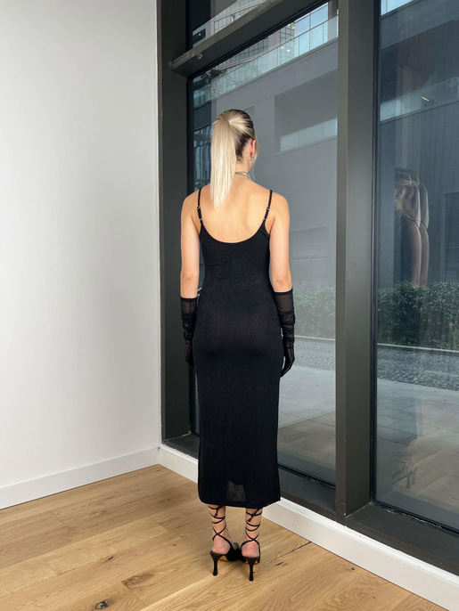 Ayarlanabilir Askılı Aleksia Kadın Siyah Simli Elbise 24k304