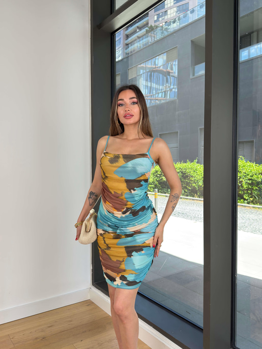 Ayarlanabilir Askılı Drapeli Heloisa Kadın Desenli Mavi Mini Elbise 23Y000506