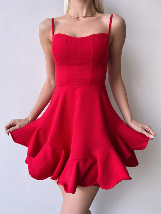 Ayarlanabilir İnce Askılı Eteği Volanlı Finn Kadın Kırmızı Mini Elbise 23Y000164