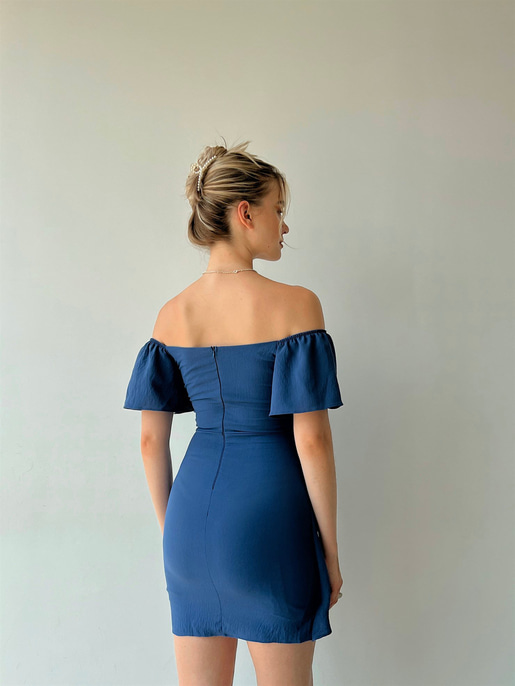 Ayarlanabilir Lastik Omuz Beli Bağcıklı Jovia Kadın İndigo Elbise 22Y000331