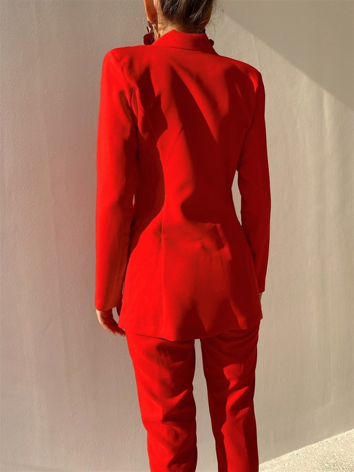 Ayarlanır Bağcıklı Crop Blazer Ceket Pantolon Aureliana Kadın Kırmızı Üçlü Takım 22K000059