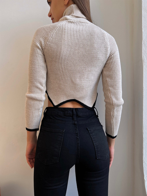 Balıkçı Yaka Bel Detaylı Monica Kadın Taş Crop Kazak 23K000197