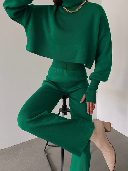 Balıkçı Yaka Üst Geniş Paça Alt London Kadın Zümrüt Triko Takım 22K000266