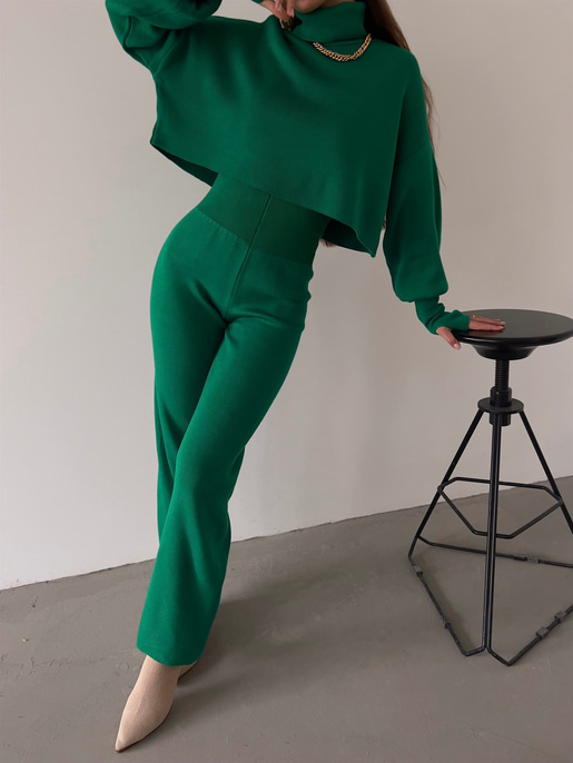 Balıkçı Yaka Üst Geniş Paça Alt London Kadın Zümrüt Triko Takım 22K000266