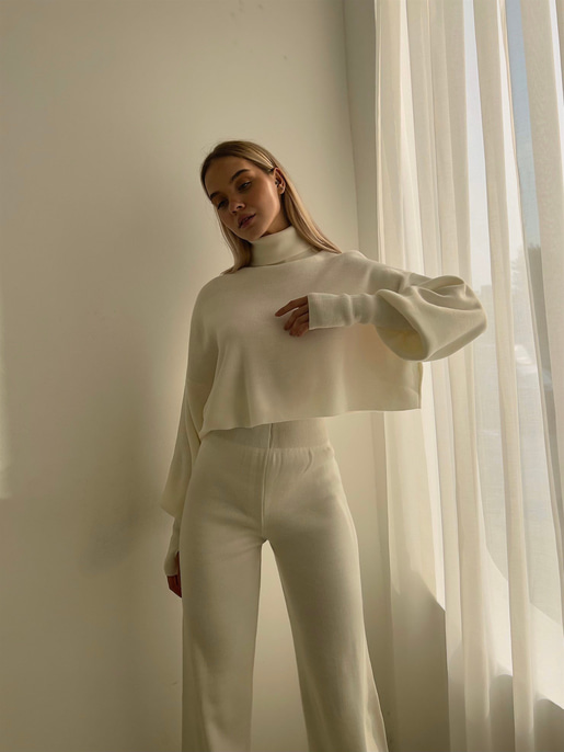 Balıkçı Yaka Üst Geniş Paça Alt London Kadın Ekru Triko Takım 22K000266