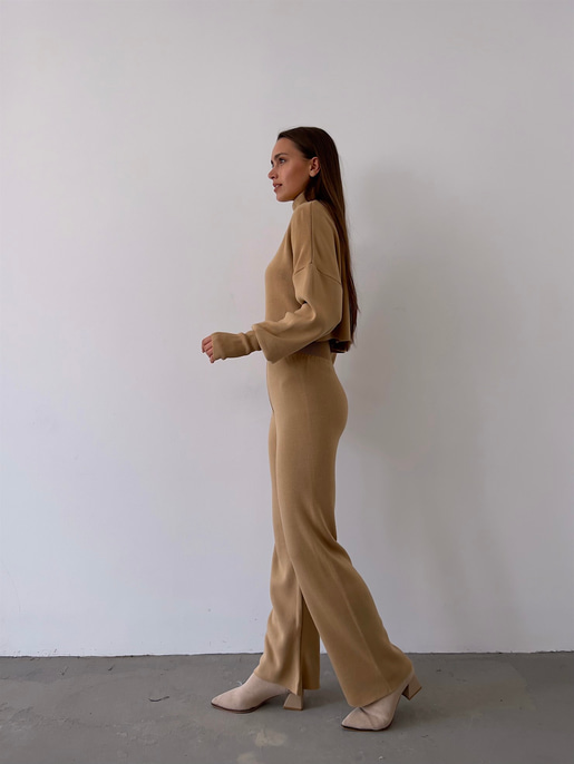 Balıkçı Yaka Üst Geniş Paça Alt London Kadın Vizon Triko Takım 22K000266