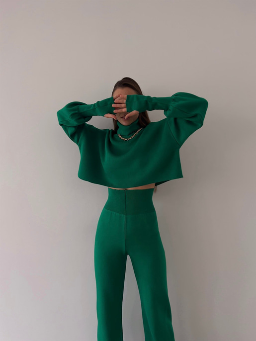Balıkçı Yaka Üst Geniş Paça Alt London Kadın Zümrüt Triko Takım 22K000266