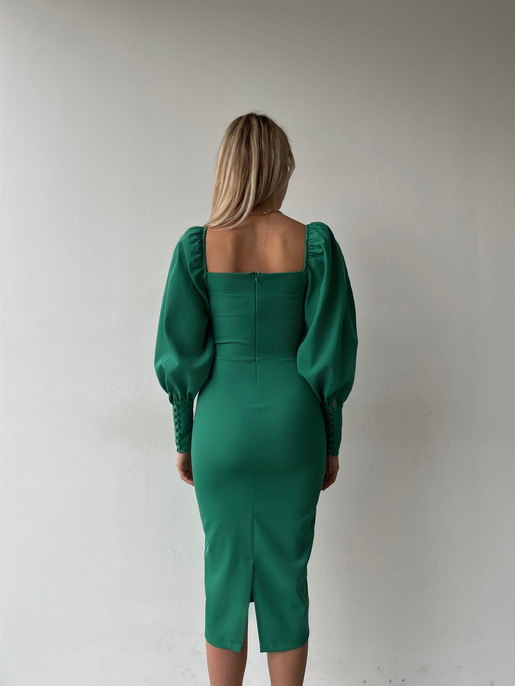 Balon Kol Düğme Detaylı Midi Boy Kadın Yeşil Kalem Elbise 22Y000008