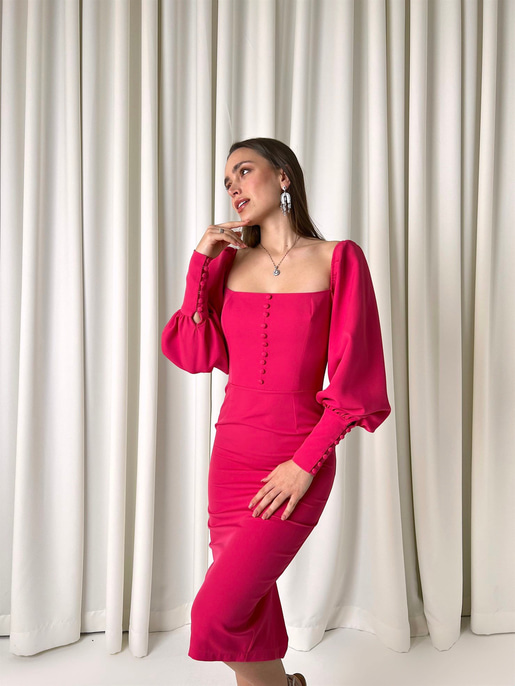Balon Kol Düğme Detaylı Midi Boy Kadın Fuşya Kalem Elbise 22Y000008