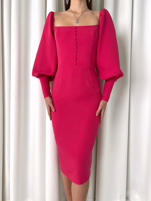 Balon Kol Düğme Detaylı Midi Boy Kadın Fuşya Kalem Elbise 22Y000008