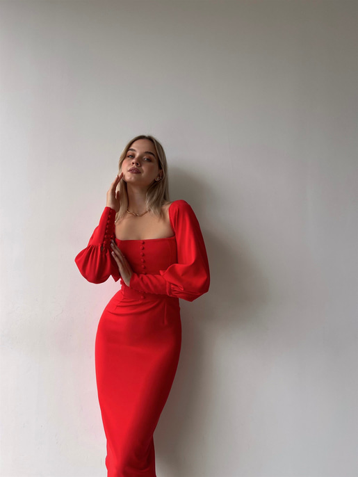 Balon Kol Düğme Detaylı Midi Boy Kadın Kırmızı Kalem Elbise 22Y000008