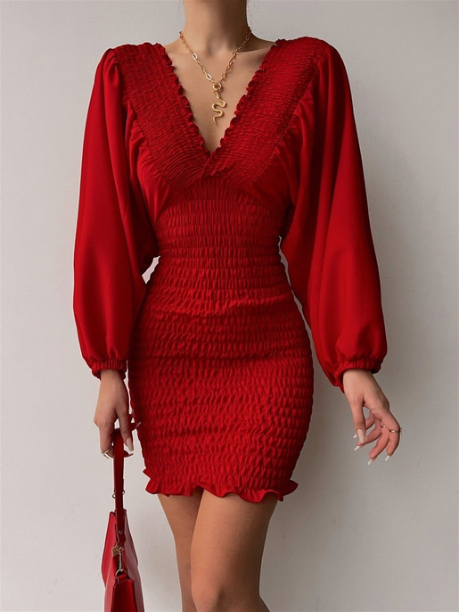 Balon Kol Ön Ve Arka V Yaka Gipeli Brisa Kadın Kırmızı Elbise 22K000449