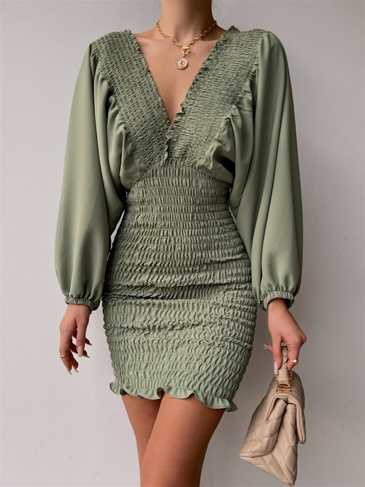 Balon Kol Ön Ve Arka V Yaka Gipeli Brisa Kadın Yeşil Elbise 22K000449