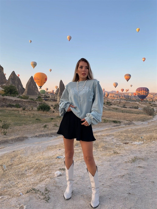 Baskılı Balon Kol Dantel Şeritli Oversize Kadın Mint Sweat 22K000021