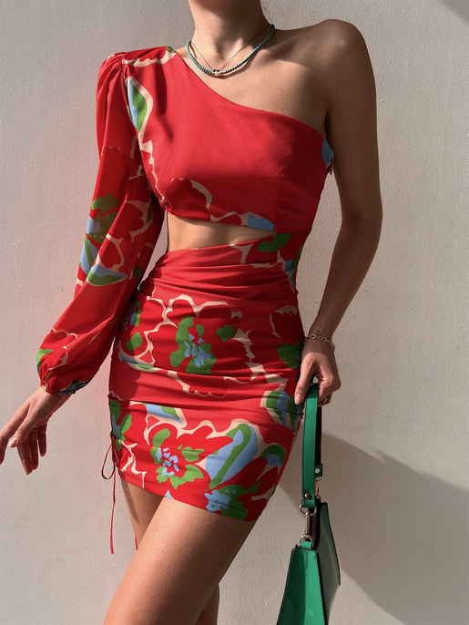 Bel Dekolteli Tek Kol Desenli Kathy Kadın Kırmızı Elbise 22Y000130