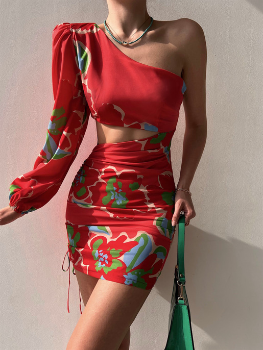 Bel Dekolteli Tek Kol Desenli Kathy Kadın Kırmızı Elbise 22Y000130