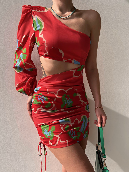 Bel Dekolteli Tek Kol Desenli Kathy Kadın Kırmızı Elbise 22Y000130