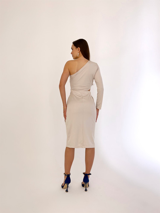 Bel Pencere Detay Tek Kol Veronica Kadın Bej Midi Elbise 23K000413