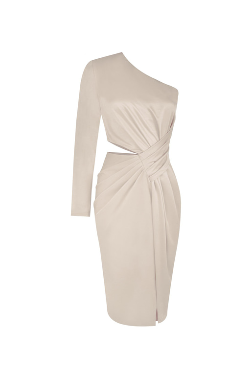 Bel Pencere Detay Tek Kol Veronica Kadın Bej Midi Elbise 23K000413