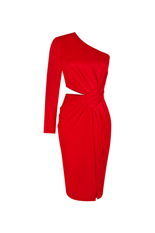 Bel Pencere Detay Tek Kol Veronica Kadın Kırmızı Midi Elbise 23K000413