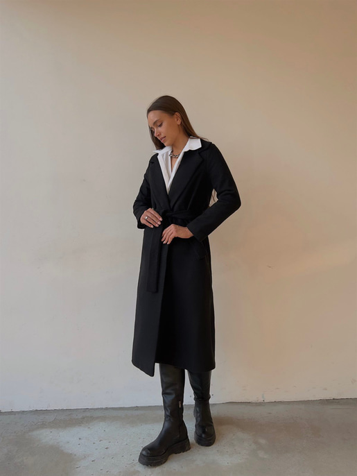 Belden Kuşaklı Yanları Cep Detaylı Stefan Kadın Siyah Kaşe Kaban 23K000118