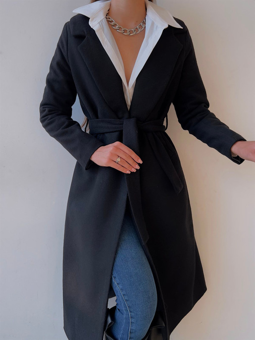 Belden Kuşaklı Yanları Cep Detaylı Stefan Kadın Siyah Kaşe Kaban 23K000118