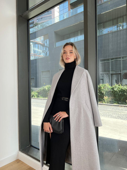 Belden Kuşaklı Yanları Cep Detaylı Stefan Kadın Gri Kaşe Kaban 23K000118