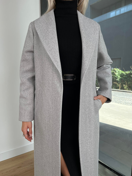 Belden Kuşaklı Yanları Cep Detaylı Stefan Kadın Gri Kaşe Kaban 23K000118