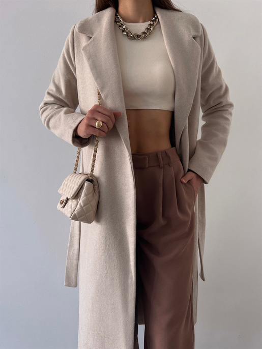 Belden Kuşaklı Yanları Cep Detaylı Stefan Kadın Bej Kaşe Kaban 23K000118