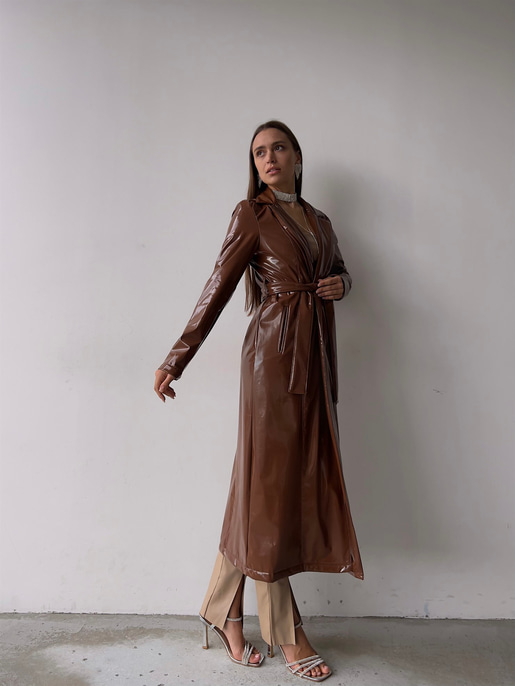 Belden Kuşaklı Yanları Cepli Eduardo Kadın Kahve Parlak Vegan Deri Kaban 23K000145