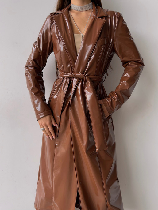 Belden Kuşaklı Yanları Cepli Eduardo Kadın Kahve Parlak Vegan Deri Kaban 23K000145