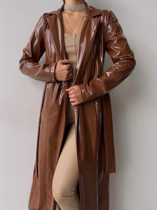 Belden Kuşaklı Yanları Cepli Eduardo Kadın Kahve Parlak Vegan Deri Kaban 23K000145