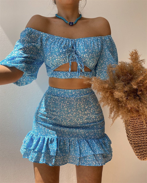 Beli Lastik Detaylı Crop Fırfırlı Mini Etek Kadın Mavi Takım 21Y000452