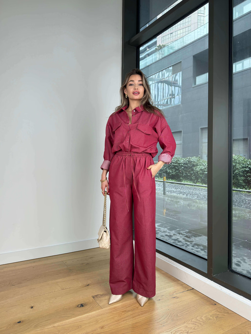 Beli Lastikli Ve Bağcıklı Bol Paça Veder Bordo Kadın Pantolon 25Y073