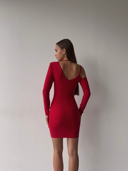 Beli Pencere Detaylı Tek Omuz Dekolteli Uzun Kol Leo Kadın Kırmızı Mini Elbise 23K000035