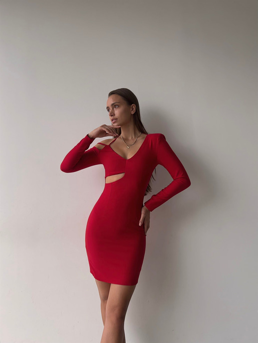 Beli Pencere Detaylı Tek Omuz Dekolteli Uzun Kol Leo Kadın Kırmızı Mini Elbise 23K000035