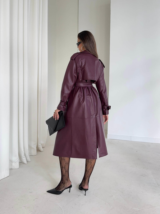 Beli Ve Kol Ucu Kemer Detaylı Tegan Bordo Kadın Deri Trenç 26K016