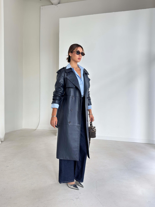 Beli Ve Kol Ucu Kemer Detaylı Tegan Lacivert Kadın Deri Trenç 26K016